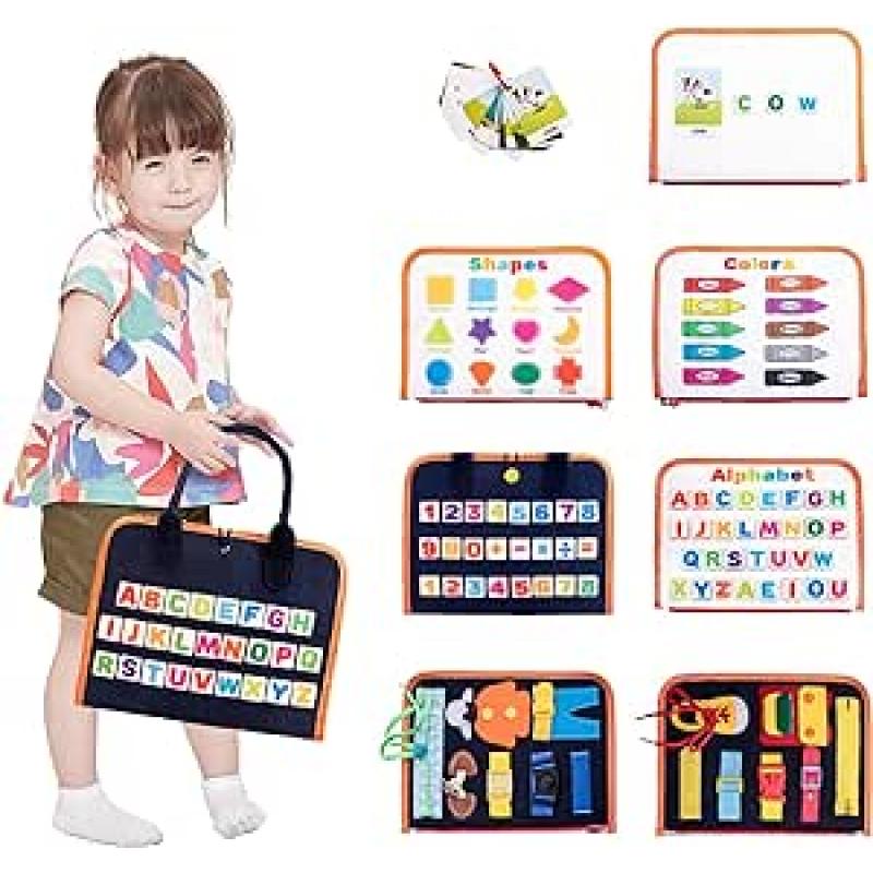 Achiyway Busy Board Tablero, 4 Capas Paneles Sensoriales Montessori 1 Años para Habilidades Motoras Básicas con Letras, Números, Gráficos y Pizarra Blanca DIY, Regalo para Bebé Niños de 1 a 6 Años