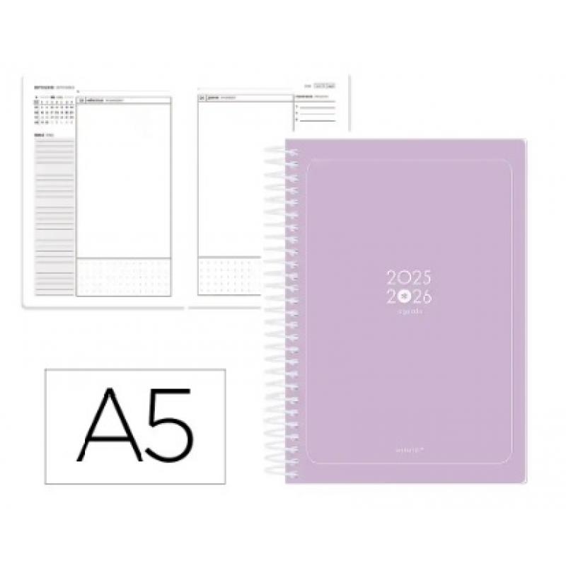 agenda-escolar-antartik-25-26-espiral-essentials-morado-dia-pagina-a5-bilingue-papel-fsc-80-gr