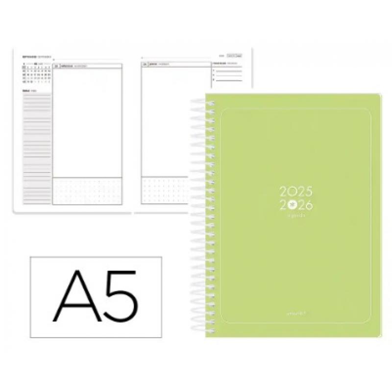 agenda-escolar-antartik-25-26-espiral-essentials-verde-lima-dia-pagina-a5-bilingue-papel-fsc-80-gr