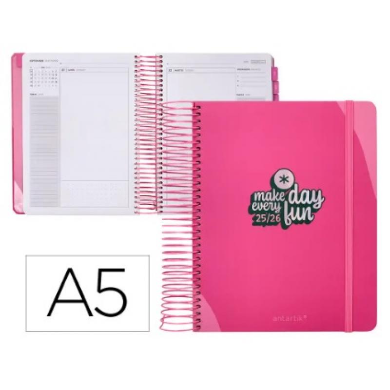 agenda-escolar-antartik-25-26-espiral-fun-day-fucsia-dia-pagina-a5-bilingue-papel-fsc-80-g