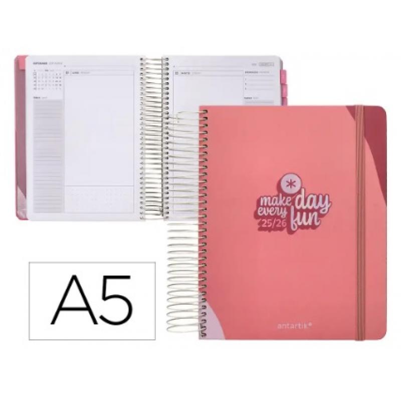 agenda-escolar-antartik-25-26-espiral-fun-day-rosa-dia-pagina-a5-bilingue-papel-fsc-80-gr