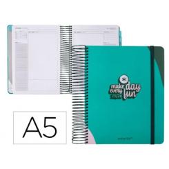 Agenda escolar ANTARTIK 25-26 espiral FUN DAY turquesa día página A5 bilingüe papel FSC 80 gr