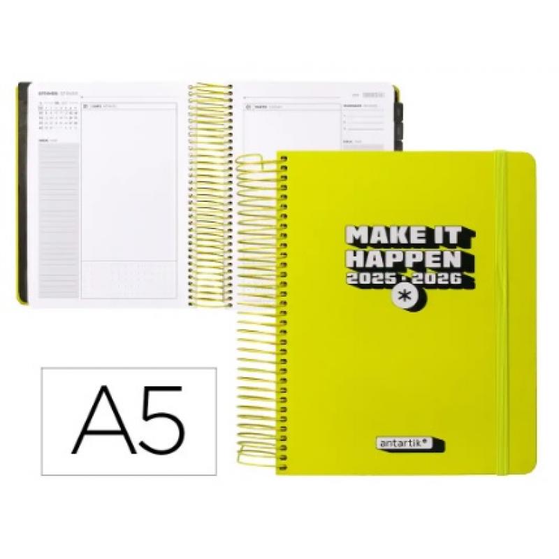 agenda-escolar-antartik-25-26-espiral-neon-amarillo-dia-pagina-a5-bilingue-papel-fsc-80-gr