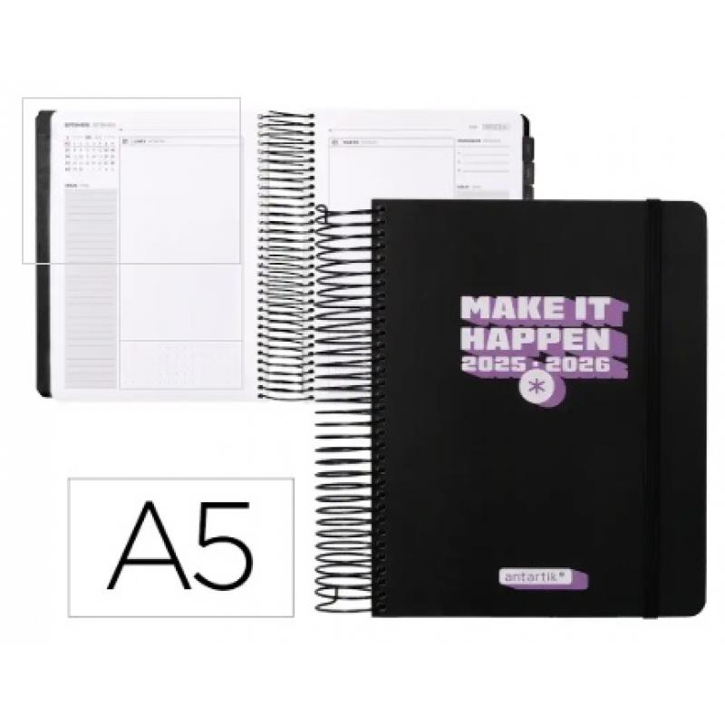 agenda-escolar-antartik-25-26-espiral-neon-negro-dia-pagina-a5-bilingue-papel-fsc-80-gr