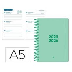 Agenda escolar LIDERPAPEL 25-2 6 espiral BASIC verde menta semana vista A5 bilingüe papel FSC 70 gr.