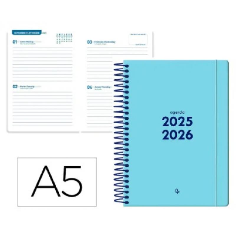 agenda-escolar-liderpapel-25-26-espiral-basic-azul-2-dias-pagina-a5-bilingue-papel-fsc-70-gr