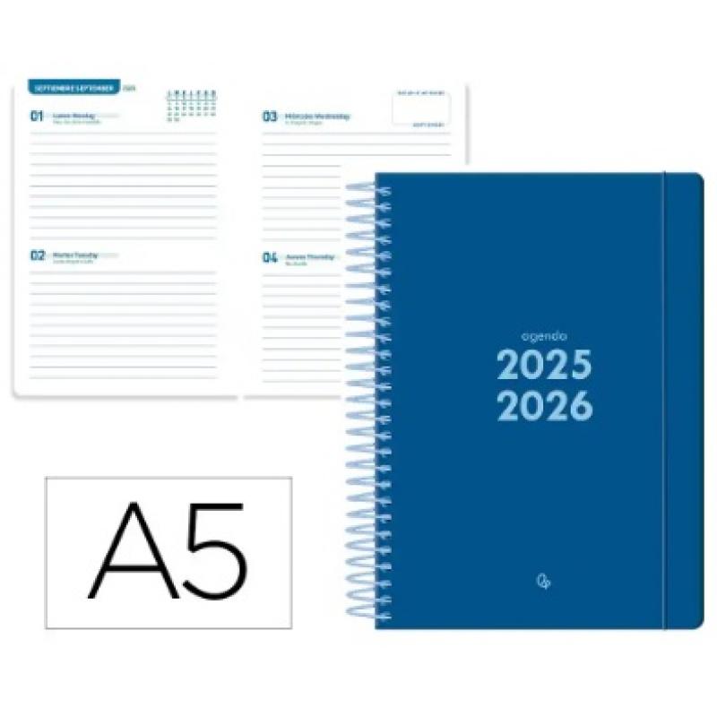 agenda-escolar-liderpapel-25-26-espiral-basic-azul-oscuro-2-dias-pagina-a5-bilingue-papel-fsc-70-gr