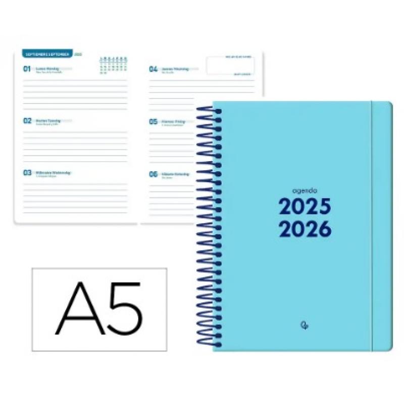agenda-escolar-liderpapel-25-26-espiral-basic-azul-semana-vista-a5-bilingue-papel-fsc-70-gr