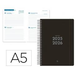 Agenda escolar LIDERPAPEL 25-26 espiral BASIC negro 2 días página A5 bilingüe papel FSC 70 gr.