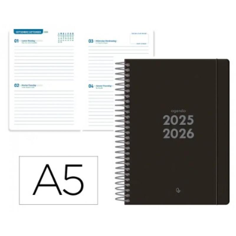 agenda-escolar-liderpapel-25-26-espiral-basic-negro-2-dias-pagina-a5-bilingue-papel-fsc-70-gr