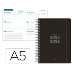 Agenda escolar LIDERPAPEL 25-26 espiral BASIC negro semana vista A5 bilingüe papel FSC 70 gr.