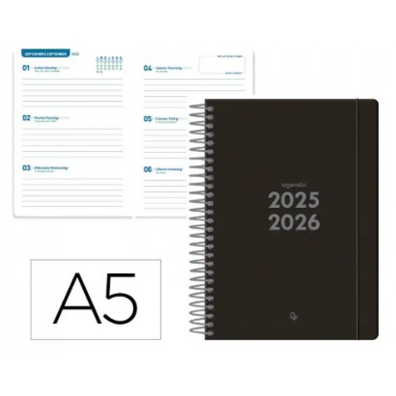 agenda-escolar-liderpapel-25-26-espiral-basic-negro-semana-vista-a5-bilingue-papel-fsc-70-gr