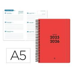 Agenda escolar LIDERPAPEL 25-26 espiral BASIC rojo semana vista A5 bilingüe papel FSC 70 gr.