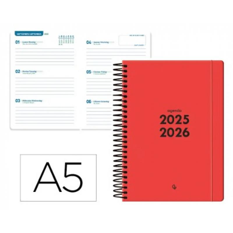 agenda-escolar-liderpapel-25-26-espiral-basic-rojo-semana-vista-a5-bilingue-papel-fsc-70-gr