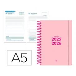 Agenda escolar LIDERPAPEL 25-26 espiral BASIC rosa día página A5 bilingüe papel FSC 70 gr.