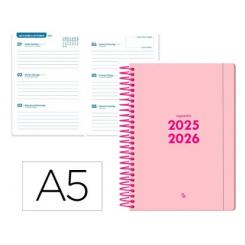 Agenda escolar LIDERPAPEL 25-26 espiral BASIC rosa semana vista A5 bilingüe papel FSC 70 gr.