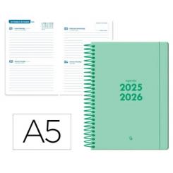 Agenda escolar LIDERPAPEL 25-26 espiral BASIC verde menta 2 días página A5 bilingüe papel FSC 70 gr.