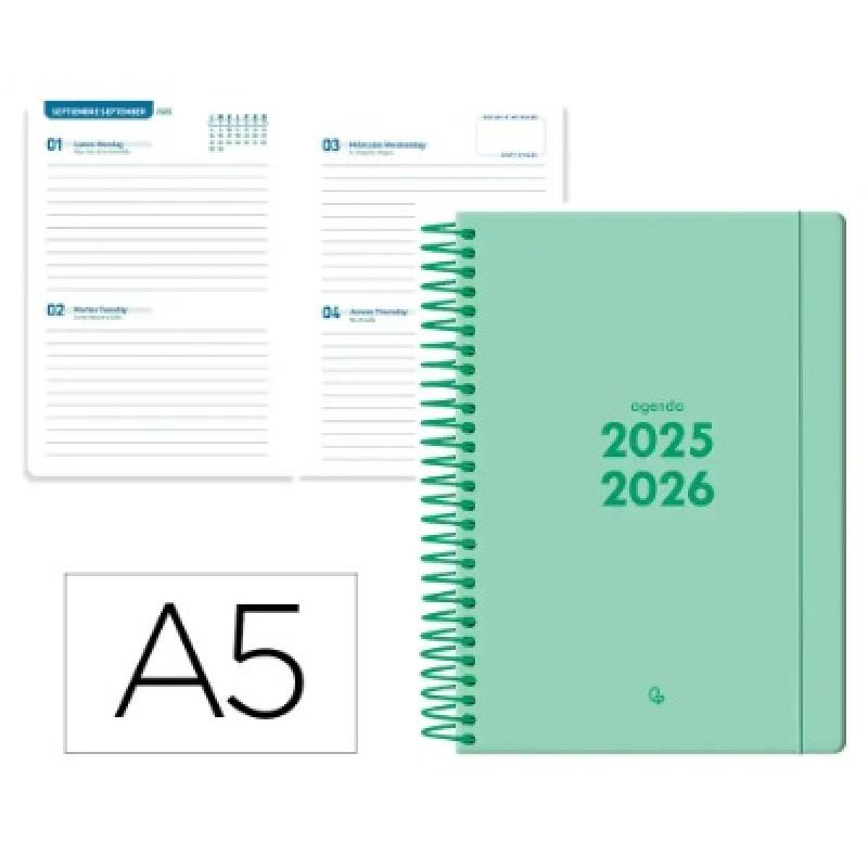 agenda-escolar-liderpapel-25-26-espiral-basic-verde-menta-2-dias-pagina-a5-bilingue-papel-fsc-70-gr