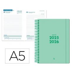 Agenda escolar LIDERPAPEL 25-26 espiral BASIC verde menta día página A5 bilingüe papel FSC 70 gr.