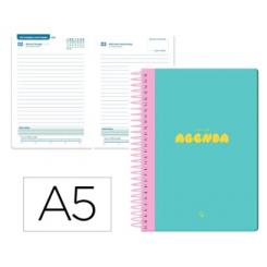 Agenda escolar LIDERPAPEL 25-26 espiral CLASSIC azul turquesa día página A5 bilingüe papel FSC 70 gr.