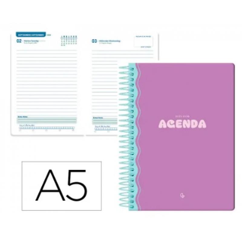 agenda-escolar-liderpapel-25-26-espiral-classic-morado-dia-pagina-a5-bilingue-papel-fsc-70-gr
