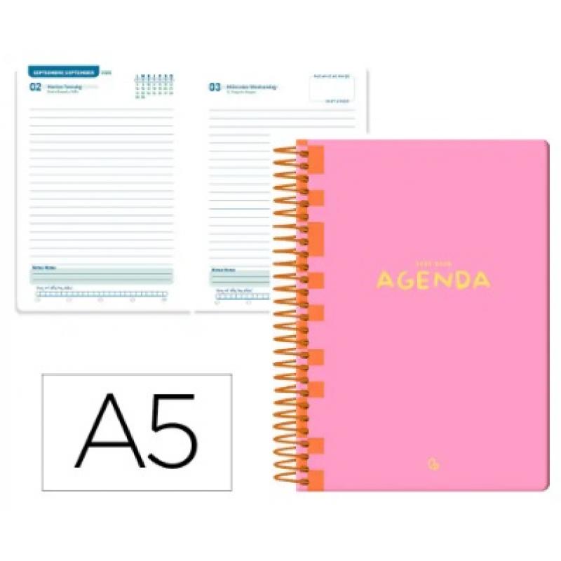 agenda-escolar-liderpapel-25-26-espiral-classic-rosa-diapagina-a5-bilingue-papel-fsc-70-gr