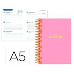 Agenda escolar LIDERPAPEL 25-26 espiral CLASSIC rosa semana vista A5 bilingüe papel FSC 70 gr.