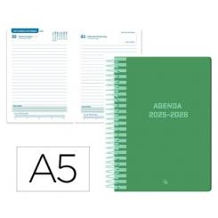 Agenda escolar LIDERPAPEL 25-26 espiral CLASSIC verde día página A5 bilingüe papel FSC 70 gr.