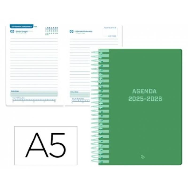 agenda-escolar-liderpapel-25-26-espiral-classic-verde-dia-pagina-a5-bilingue-papel-fsc-70-gr