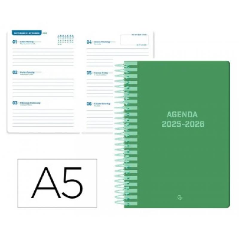 agenda-escolar-liderpapel-25-26-espiral-classic-verde-semana-vista-a5-bilingue-papel-fsc-70-gr