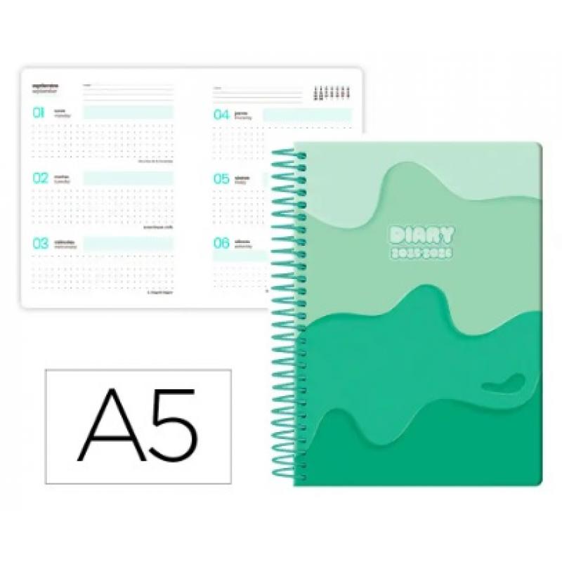 agenda-escolar-liderpapel-25-26-espiral-melting-verde-semana-vista-a5-bilingue-papel-fsc-80-gr