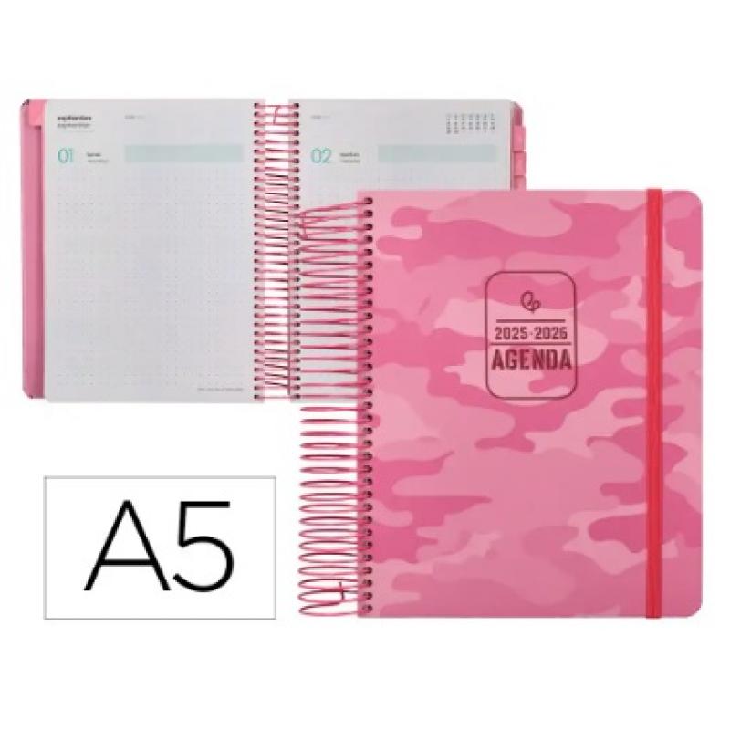 agenda-escolar-liderpapel-25-26-espiral-patterns-militar-rosa-dia-pagina-a5-bilingue-papel-fsc-80-gr