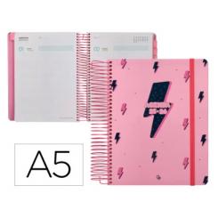 Agenda escolar LIDERPAPEL 25-26 espiral PATTERNS RAYOS rosa día página A5 bilingüe papel FSC 80 gr