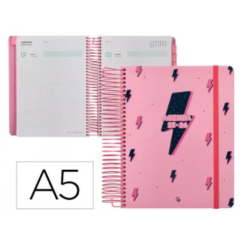 agenda-escolar-liderpapel-25-26-espiral-patterns-rayos-rosa-dia-pagina-a5-bilingue-papel-fsc-80-gr