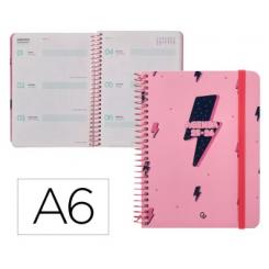 Agenda escolar LIDERPAPEL 25-26 espiral PATTERNS RAYOS rosa semana vista A6 bilingüe papel FSC 80 gr.