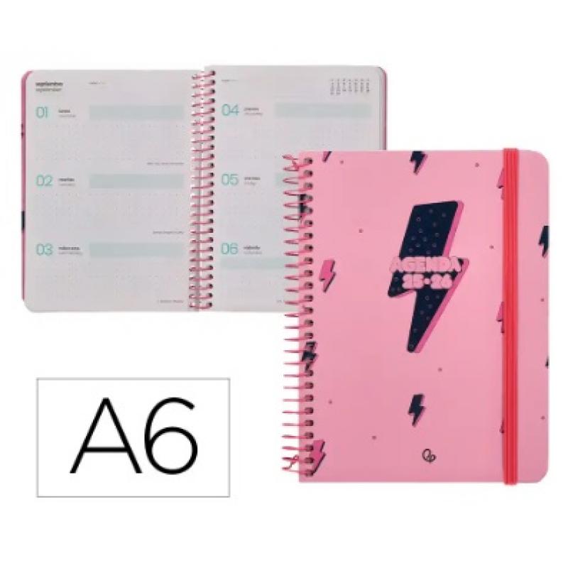 agenda-escolar-liderpapel-25-26-espiral-patterns-rayos-rosa-semana-vista-a6-bilingue-papel-fsc-80-gr