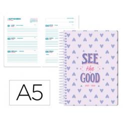 Agenda escolar LIDERPAPEL 25-26 espiral PETITE CORAZONES semana vista A5 bilingüe papel FSC 80 gr.