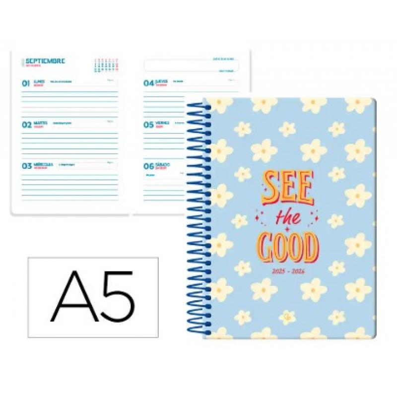 agenda-escolar-liderpapel-25-26-espiral-petite-flores-semana-vista-a5-bilingue-papel-fsc-80-gr