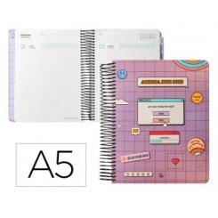Agenda escolar LIDERPAPEL 25-26 espiral PIXEL morado día página A5 bilingüe papel FSC 80 gr.
