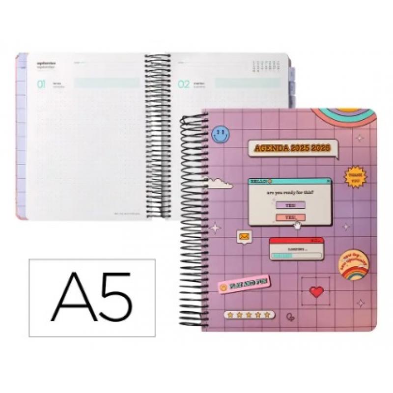 agenda-escolar-liderpapel-25-26-espiral-pixel-morado-dia-pagina-a5-bilingue-papel-fsc-80-gr