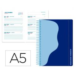 Agenda escolar LIDERPAPEL 25-26 espiral WAVES azul oscu ro semana vista A5 bilingüe papel FSC 80 gr.