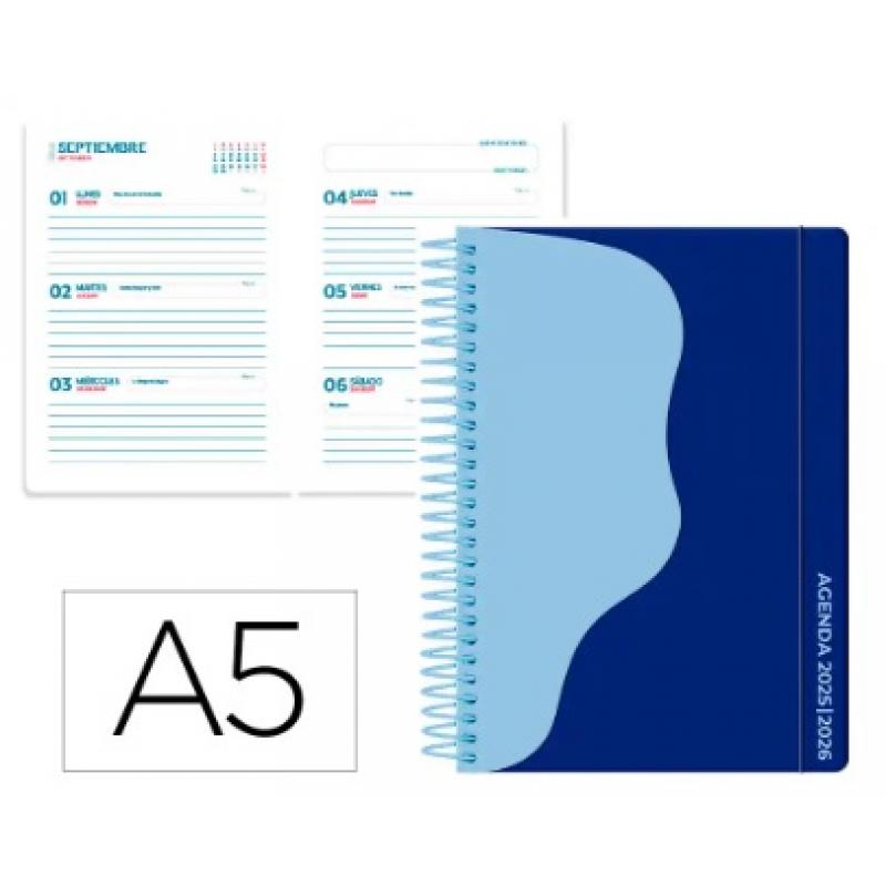agenda-escolar-liderpapel-25-26-espiral-waves-azul-oscu-ro-semana-vista-a5-bilingue-papel-fsc-80-gr