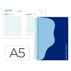 Agenda escolar LIDERPAPEL 25-26 espiral WAVES azul oscuro día página A5 bilingüe papel FSC 80 gr.
