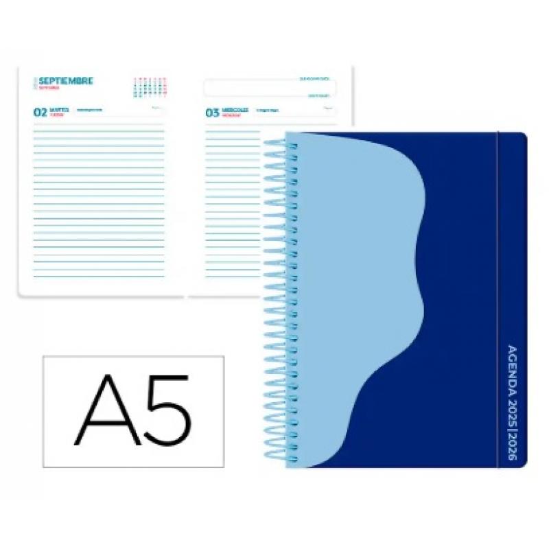agenda-escolar-liderpapel-25-26-espiral-waves-azul-oscuro-dia-pagina-a5-bilingue-papel-fsc-80-gr