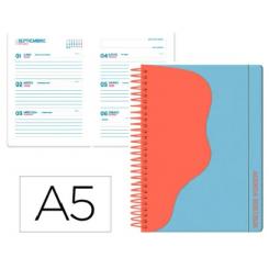 Agenda escolar LIDERPAPEL 25-26 espiral WAVES azul semana vista A5 bilingüe papel FSC 80 gr
