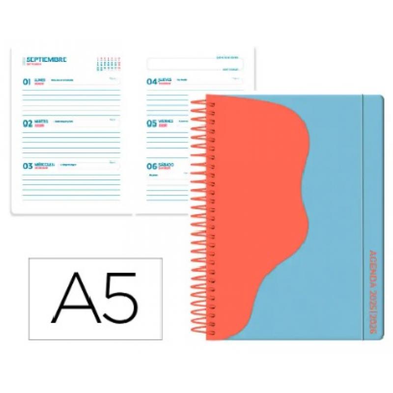 agenda-escolar-liderpapel-25-26-espiral-waves-azul-semana-vista-a5-bilingue-papel-fsc-80-gr