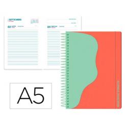 Agenda escolar LIDERPAPEL 25-26 espiral WAVES rojo día página A5 bilingüe papel FSC 80 gr