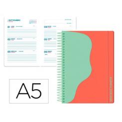 Agenda escolar LIDERPAPEL 25-26 espiral WAVES rojo semana vista A5 bilingüe papel FSC 80 gr.