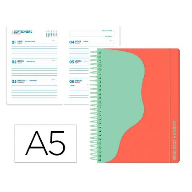 agenda-escolar-liderpapel-25-26-espiral-waves-rojo-semana-vista-a5-bilingue-papel-fsc-80-gr