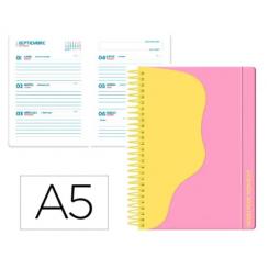 Agenda escolar LIDERPAPEL 25-26 espiral WAVES rosa semana vista A5 bilingüe papel FSC 80 gr.